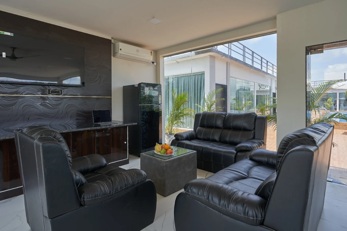 Villa at golden hour with warm ambient lighting